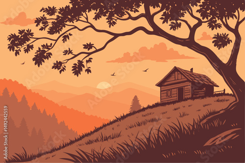 145 Here is a prompt that may produce similar images using a text-to-image AI like Stable Diffusion dramatic sunset over mountainous landscape, old abandoned hut on grassy hilltop, serene pastoral sce