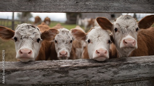 Cute curious cows looking over fence farm animals livestock cattle bovine mammal agriculture countryside