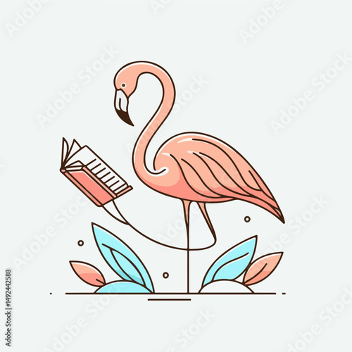 Reading Flamingo Illustration: A quirky flamingo finds solace in literature, immersed in a good book amidst a backdrop of minimalist tropical foliage, an artistic illustration.