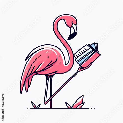 Flamingo Reading: An intellectual flamingo, engrossed in a book, in a vibrant cartoon setting, symbolizing learning and leisure.