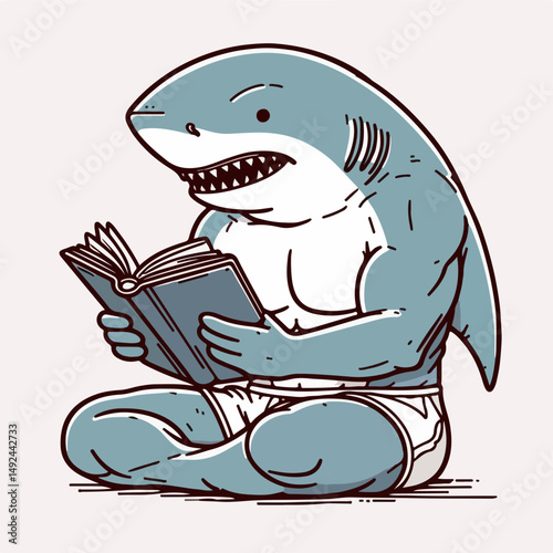 Shark's Scholarly Pursuit: An illustration of a formidable shark, exuding strength and intellect, immersed in a book, blending raw power with knowledge, in a captivating illustration.