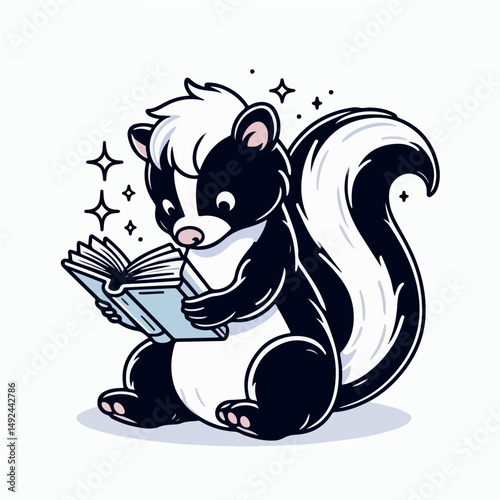 Skunk Reading a Book: An enchanting illustration features a charming skunk engrossed in a captivating book, its expressive eyes focused.