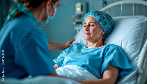 Woman recovering post-surgery in hospital bed with nurse support