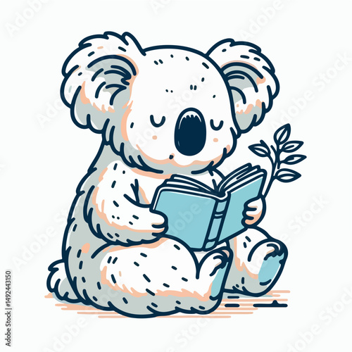 Koala's Literary Pursuits: An endearing koala finds solace and joy in the pages of a book, holding a leafy branch and sharing moments of quiet contemplation, perfect for illustration