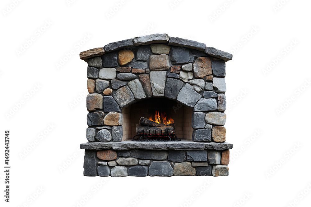 Fototapeta premium Large arched opening in stone facade, roaring fire blazing atop thick firewood inside cozy chamber, isolated on a transparent background