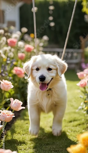 A cute golden retriever puppy, a young and playful golden retriever dog, enjoys summer on the grass