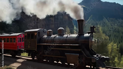 Vintage black steam locomotive chugging through a forest railway track with billowing smoke