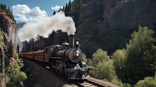An old black steam locomotive, a vintage engine on a forest railway, emits smoke during travel