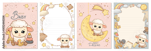 Children s poster set. Adorable sheep on the moon, cute baby toys. Postcard, pack for writing down the most important. design element for interior.