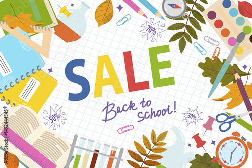 Vector advertising poster with school supplies design. Back to school sale banner. Web ad template, special offer, discount.
