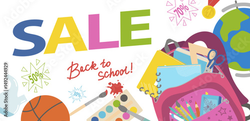 Banner Back to School Sale with Backpack. Web Ad Template, Special Offer, Discount. Hand Drawn