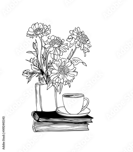  still life with flowers and books