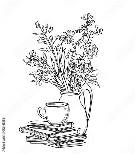  still life with flowers and books