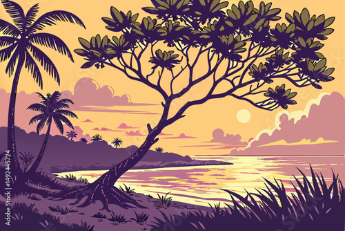 146 a tranquil tropical beach with a solitary shrub in the foreground, a vibrant sunset over the ocean in the background, lush green foliage, serene atmosphere, cinematic, dramatic lighting, highly de
