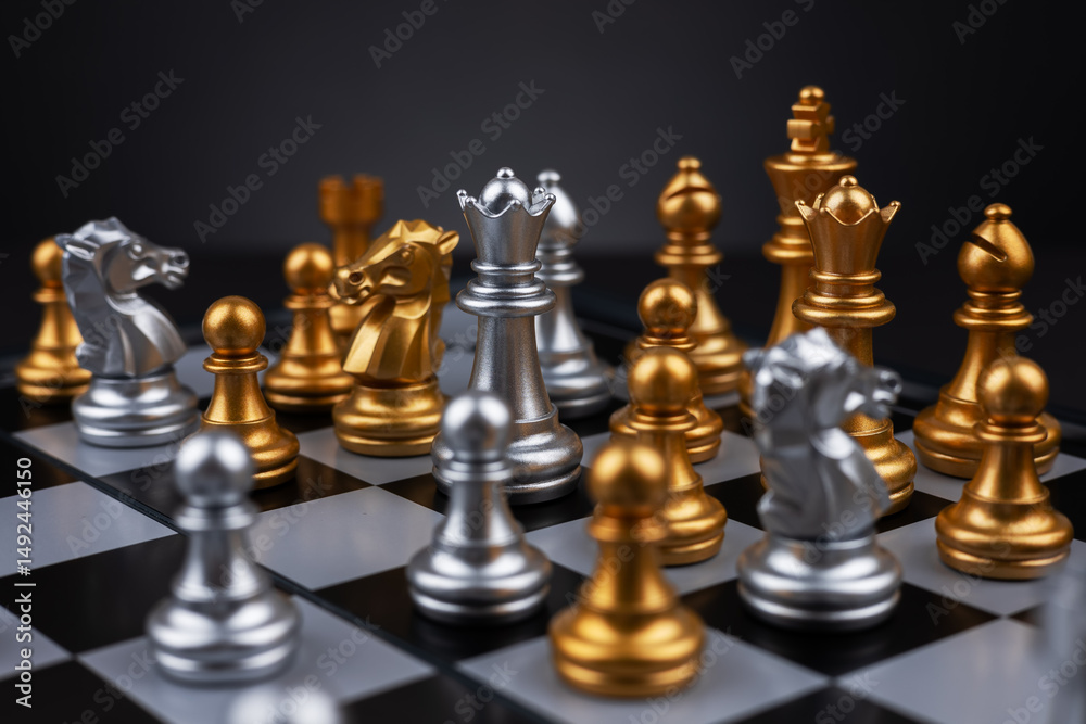 Gold and silver chess figures placed on wooden chessboard. Intellectual duel and tactical battle in business.