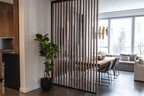 Modern interior design with a wooden room divider.