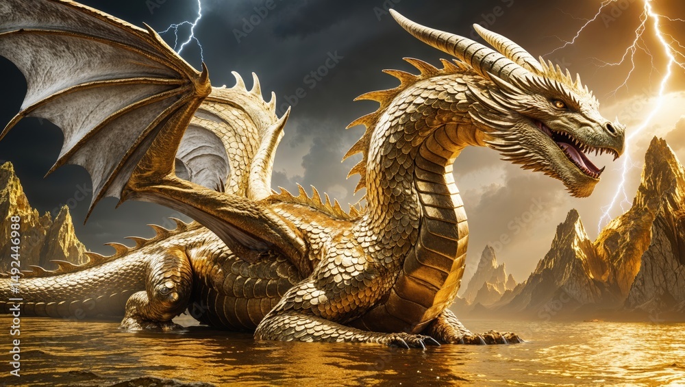 Obraz premium Majestic Golden Dragon Emerges from Shimmering Waters Amidst a Powerful Thunderstorm and Gilded Peaks
