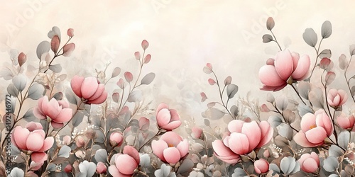 Delicate Floral Watercolor, Soft Pink Flowers and Branches on a Creamy Peach Background