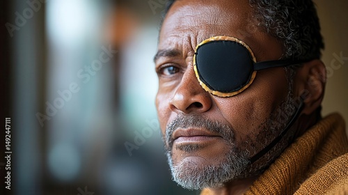 Shingles Disease warning and protection, man wearing eye patch, indicating shingles-related eye complications