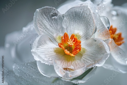Macro Shot of a Delicate Snowdrop Flower Encasement in Ice with Vibrant Orange Center Varient 5