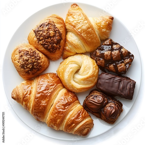 A plate of French pastries including croissant, pain au chocolat, and jam-filled croissants, set against a background with background.