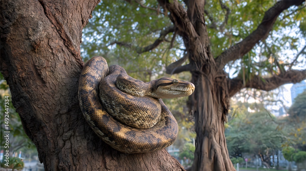 Naklejka premium Reticulated python resting on a tree branch wildlife photography exotic snake reptile nature animal serpent park