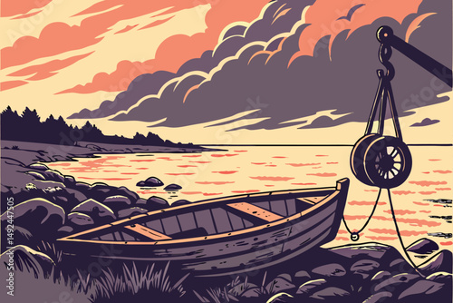 147 a dramatic seascape with a rusted old boat and pulley system sitting on the rocky shore, dramatic cloudy sky with bright sunset colors reflected in the calm water, highly detailed, sharp focus, ci