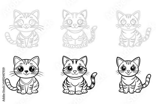 Cartoon cat outlines and filled designs on a white background