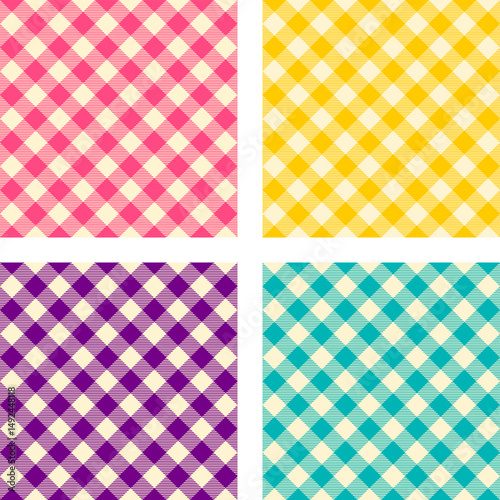 Classic Diagonal Gingham Vichy Check Pattern Set in Bold Retro Color Variations, collection of seamless vector backgrounds