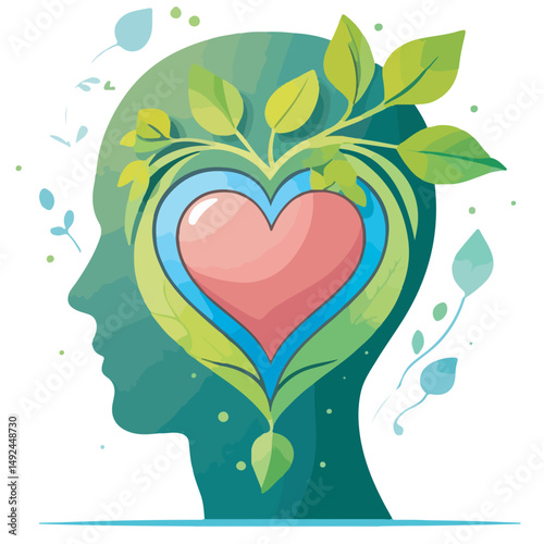human mind cartoon theme with green leaves, plants and heart symbols in it. Ideal for designs themed eco-friendly mindset, sustainability, love of nature, mental health, awareness and emotional balanc