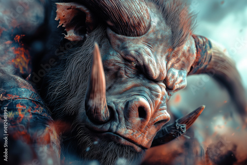Intense close-up of a tusked and horned demonic beast with textured hide in a fantasy setting