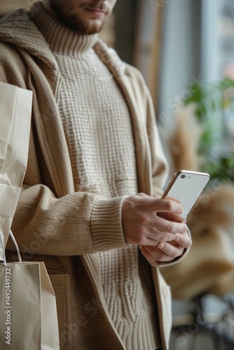 Man receiving cashback notification on phone. Selective focus
