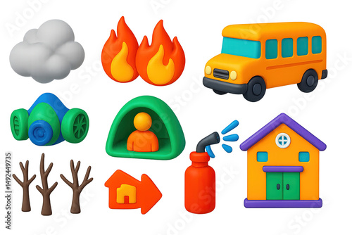 Colorful icon set featuring transport, nature, and safety concepts