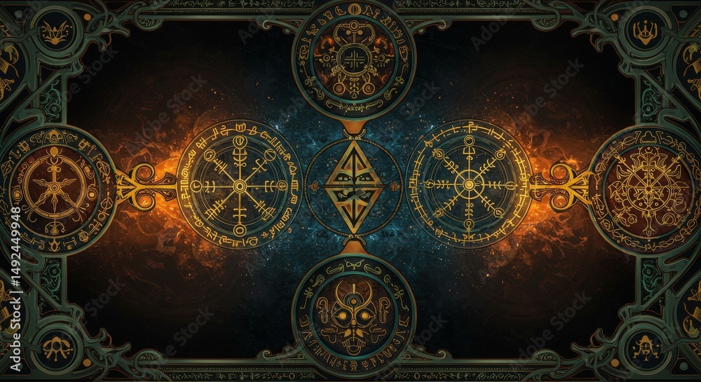 Naklejka premium Mystical Rune Symbols Ornate Gold Teal Design Fantasy Art Esoteric Occult Background