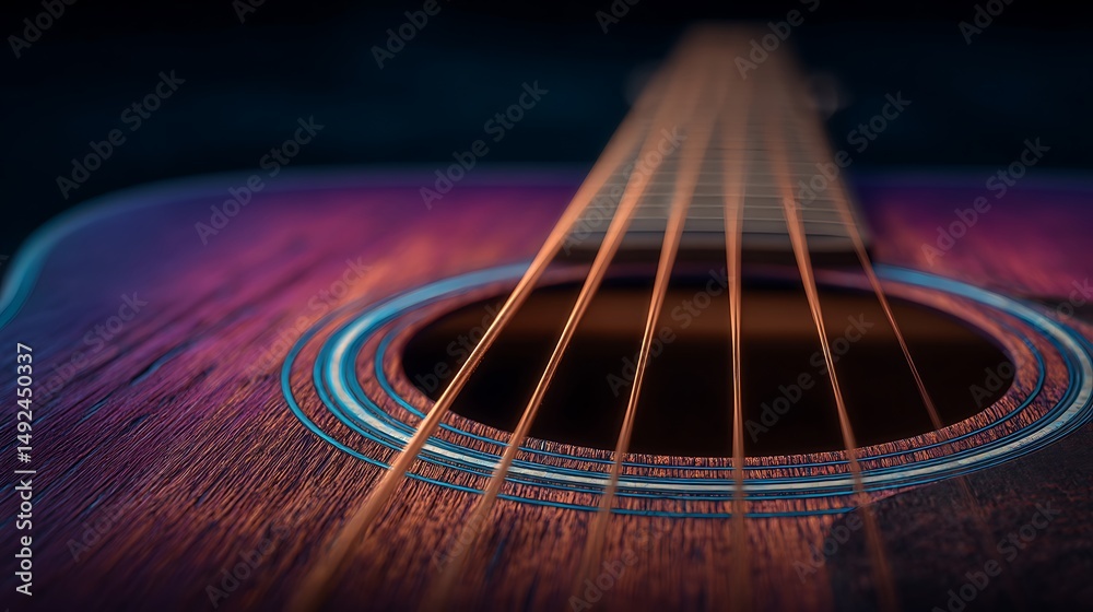 Fototapeta premium Close-up Acoustic Guitar: Vibrant Purple Hues and Detailed Strings