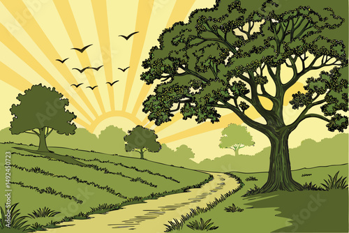 148 highly detailed, vibrant, lush green landscape, dirt path winding through, tall mature oak trees on either side, flock of birds flying in the sky, bright orange and yellow sunset, radiant beams of