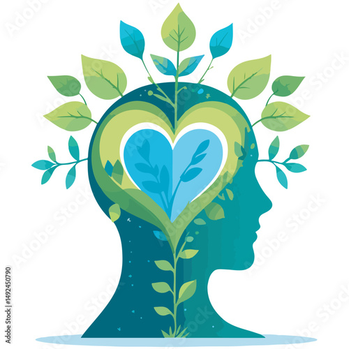 human mind cartoon theme with green leaves, plants and heart symbols in it. Ideal for designs themed eco-friendly mindset, sustainability, love of nature, mental health, awareness and emotional balanc