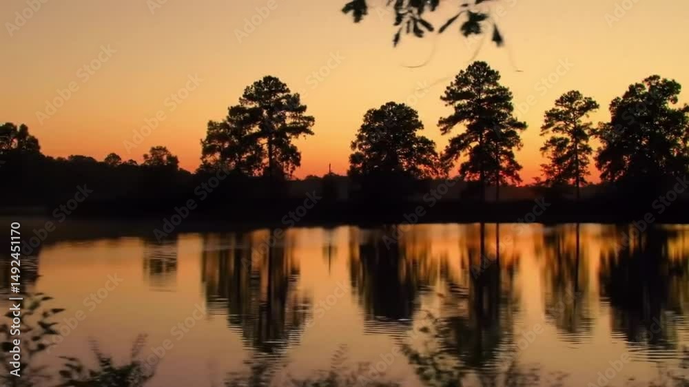 Silhouetted trees reflecting in calm lake at sunset