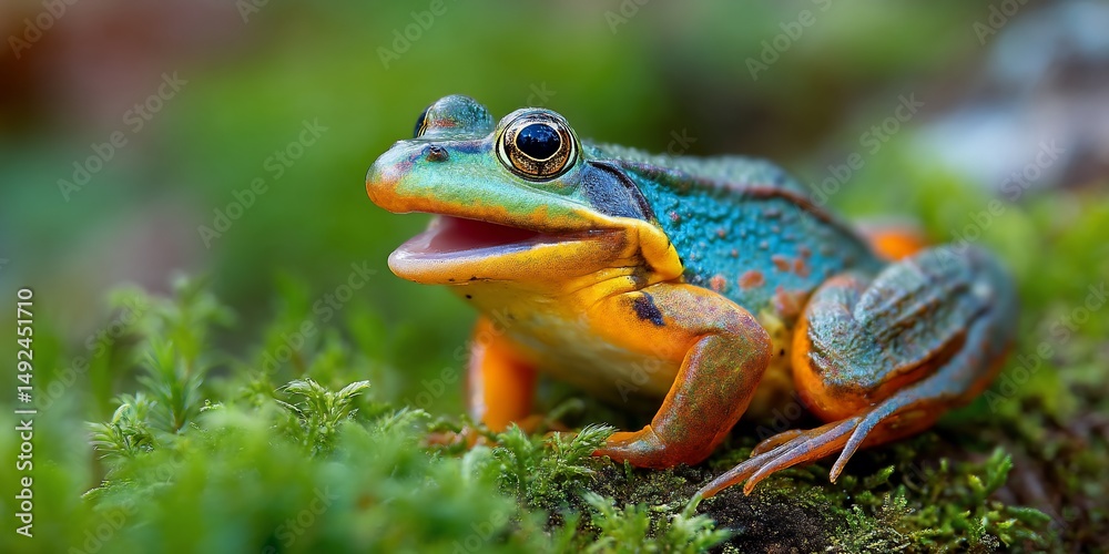 Obraz premium Vibrant Frog on Mossy Forest Floor; Nature Photography