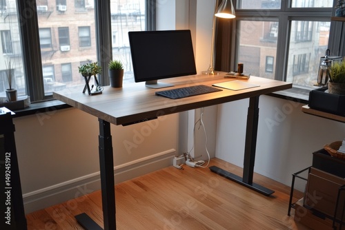 Modern adjustable height desk in a bright urban workspace.