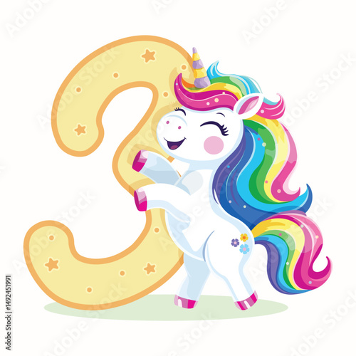 Birthday party invitation, template with cute and happy unicorn with multi-colored hair and number 3 on white background. Vector illustration in flat cartoon style