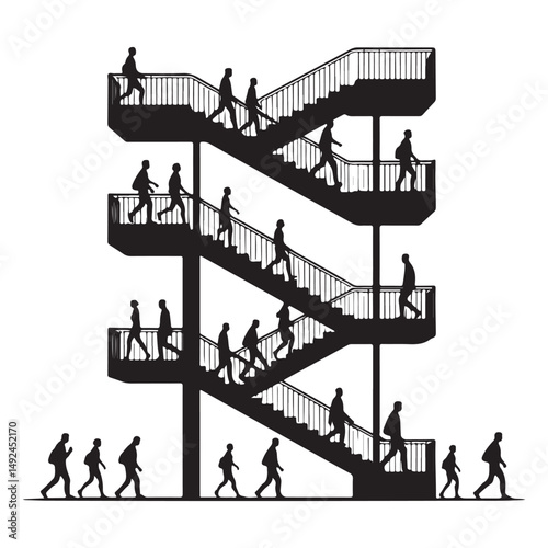 Silhouette people walking up stairs vector graphic illustration