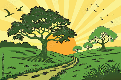 148 highly detailed, vibrant, lush green landscape, dirt path winding through, tall mature oak trees on either side, flock of birds flying in the sky, bright orange and yellow sunset, radiant beams of