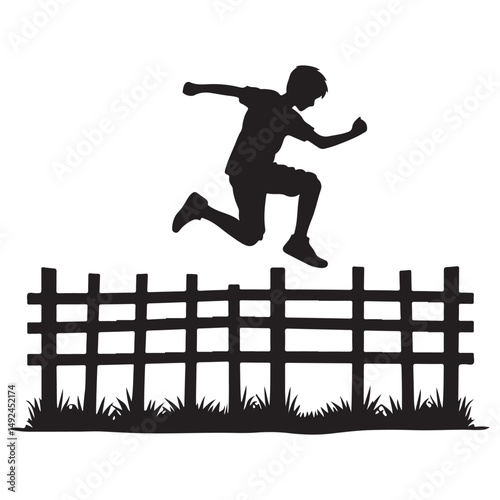 Silhouette boy jumping over the fence vector illustration graphic