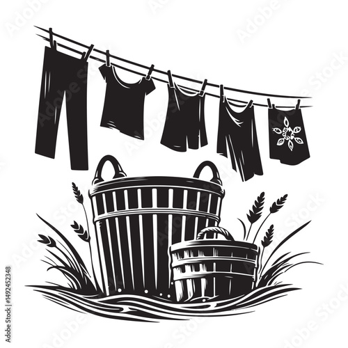 Silhouette laundry basket clothesline vector illustration creative design