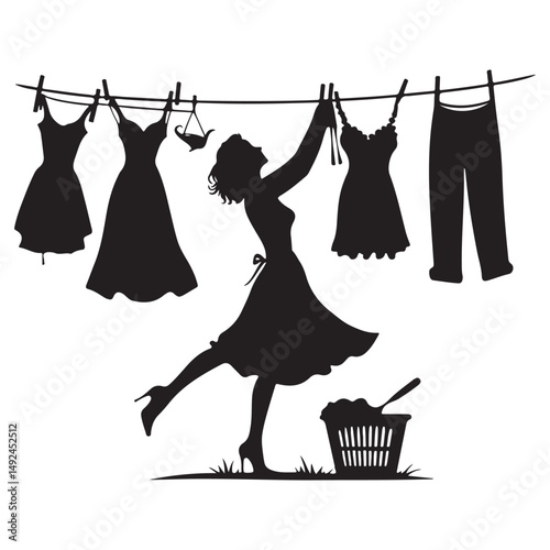 Woman hanging clothes silhouette vector illustration a domestic scene