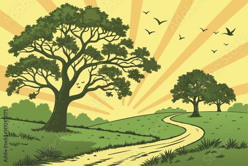 148 highly detailed, vibrant, lush green landscape, dirt path winding through, tall mature oak trees on either side, flock of birds flying in the sky, bright orange and yellow sunset, radiant beams of