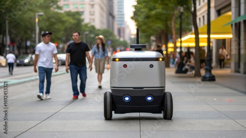 Wallpaper Mural A delivery robot navigates a busy city sidewalk as pedestrians walk nearby on a sunny day. Torontodigital.ca