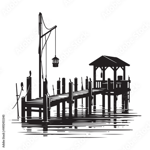 Silhouette Dock Pier with Lantern Vector Illustration Serene Scene
