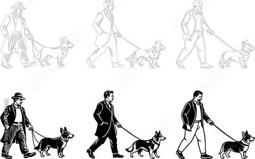 Man walking dog on leash in various line and solid styles